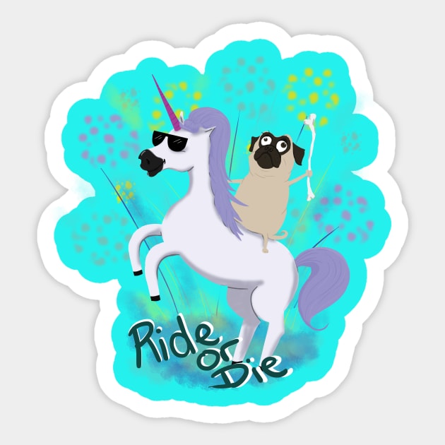 Pug Riding Unicorn Sticker by NiamhOConnor